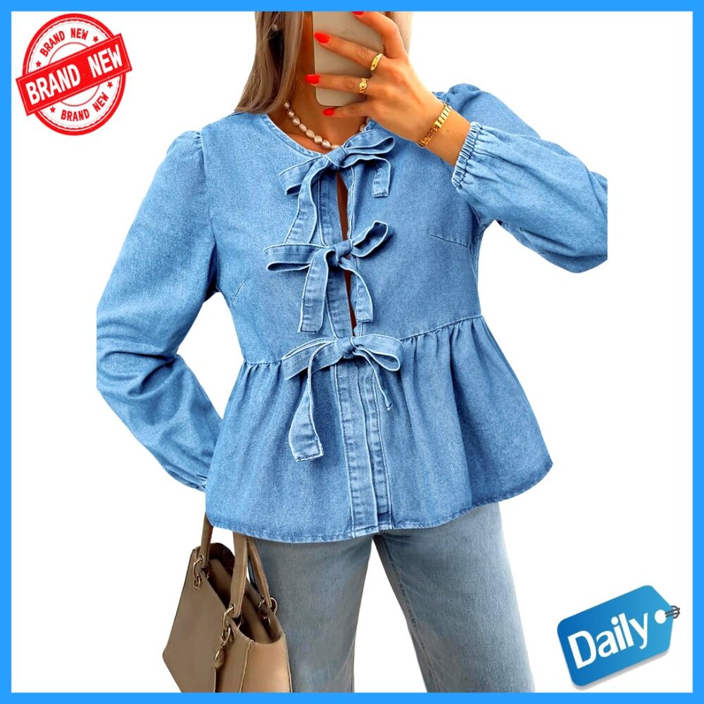 Denim Tie Front Babydoll Blouse Puff Long Sleeve Peplum Top